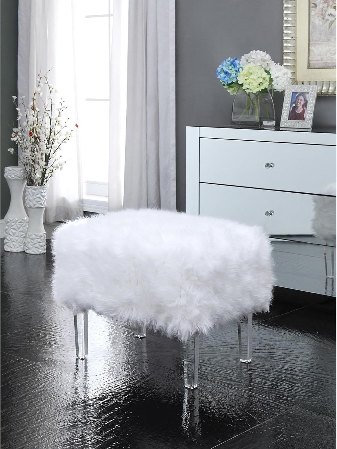 Inspired Home Ava White Faux Fur Ottoman - Modern Acrylic Legs | Upholstered | Living Room, Entry... | Amazon (US)