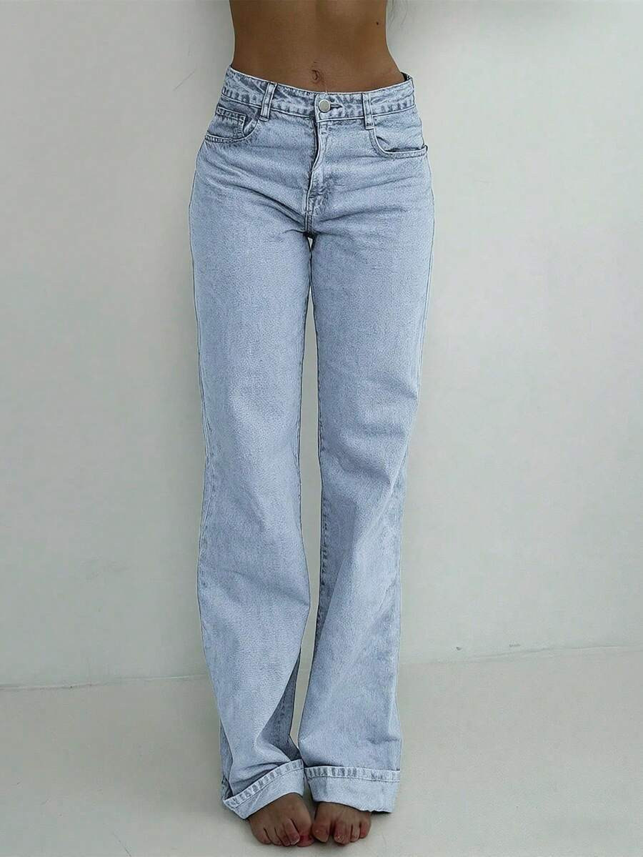 Women's Mid-Rise Loose Wide-Leg Jeans, Y2K Style Casual Loose Solid Color Jeans, Suitable For Str... | SHEIN