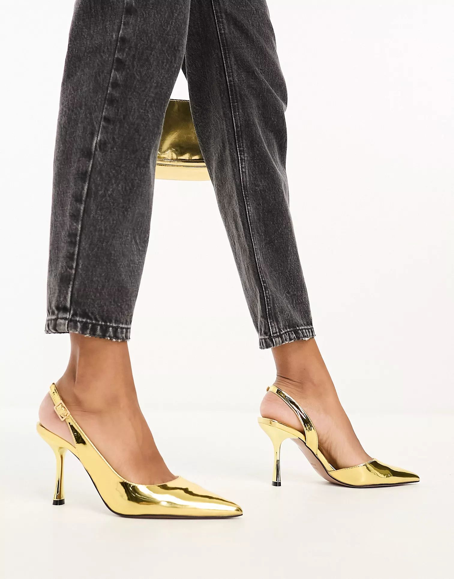 ASOS DESIGN Simmer slingback stiletto mid shoes in gold | ASOS (Global)