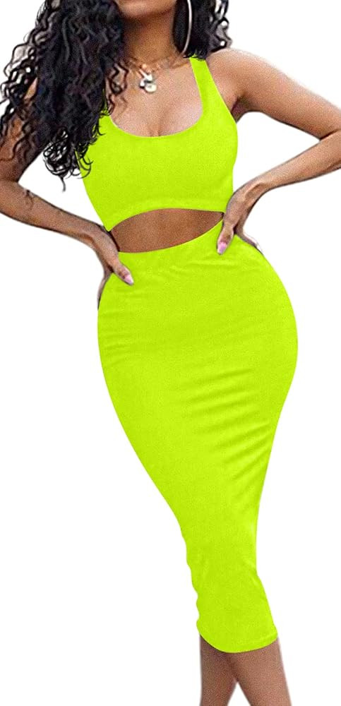 GOBLES Women's Sexy Summer Outfits Bodycon Tank Top Midi Skirt 2 Piece Dress | Amazon (US)
