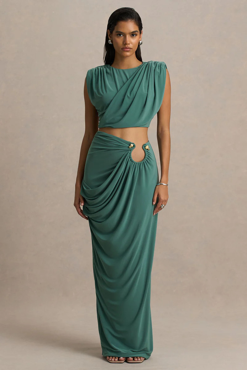 Avaline | Green Wrap Maxi Skirt With Ruched Detailing | Club L London