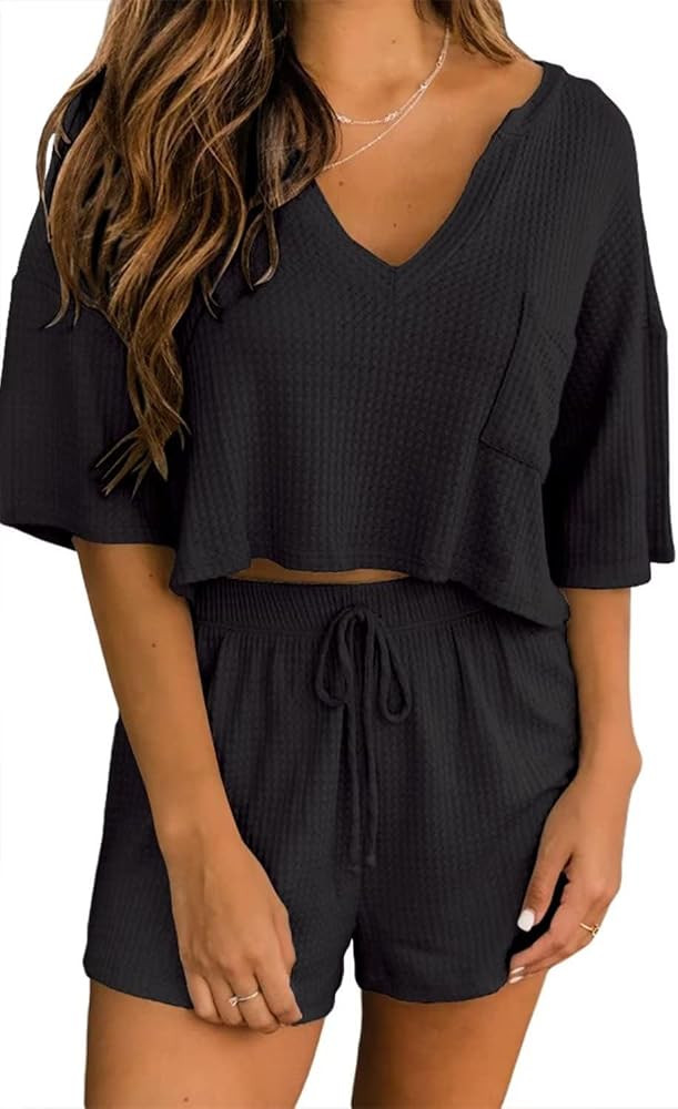 Ezbelle Women's V Neck Waffle Knit Pajamas Set Short Sleeve Crop Tops with Shorts 2 Piece Outfit ... | Amazon (US)