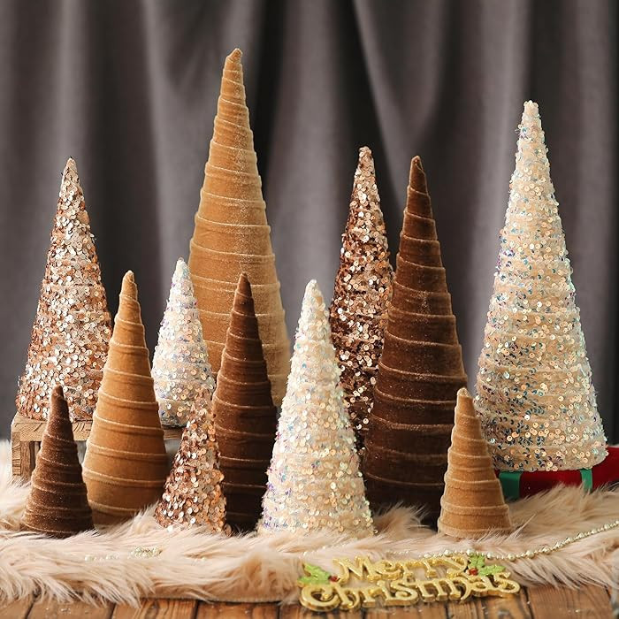 Ireer 12 Pcs Christmas Velvet Trees Set Various Size Velvet Cone Modern Decorations Indoor Table ... | Amazon (US)