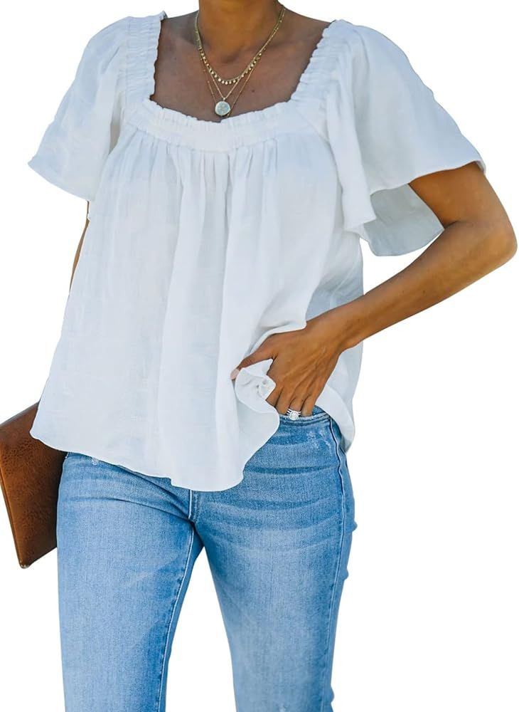 Dokotoo Women's Summer Elastic Square Neck Blouses Casual Short Sleeve Shirts Tops | Amazon (US)