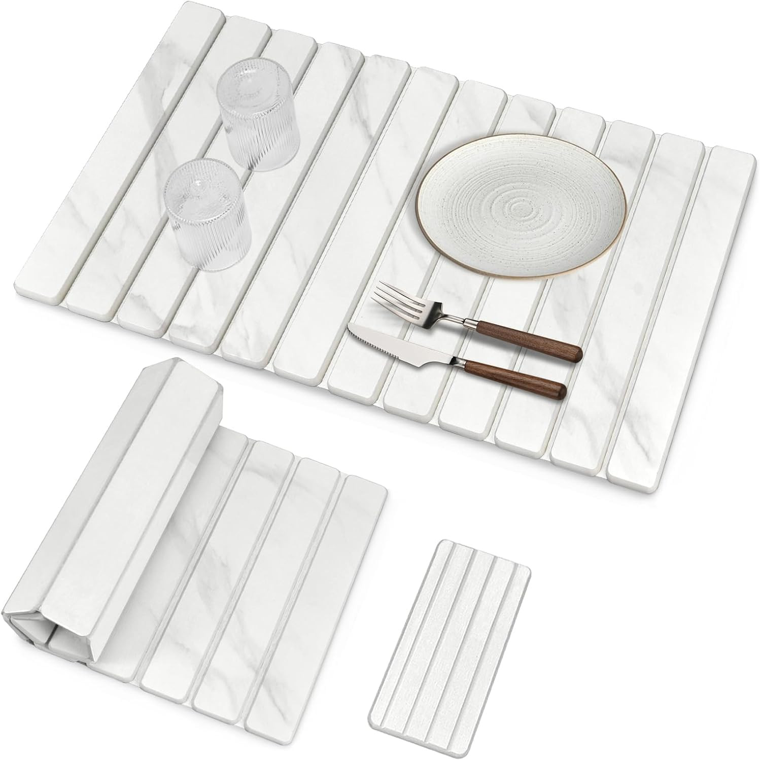 2 PCS Extra Large Stone Dish Drying Mats for Kitchen Counter, 28"(L)×16"(W) Dish Drying Mat with 8"x 4" Coasters, Eco-Friendly Diatomite Dish Drying Mat - Fits All Countertops - White Marble | Amazon (US)