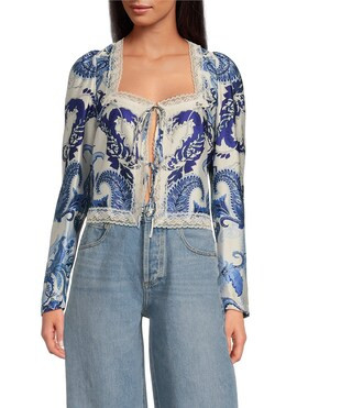 Callie Satin Lace Trim Tie Front Square Neck Long Sleeve Chambray Blouse | Dillard's