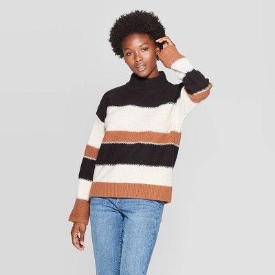 Women's Striped Long Sleeve Mock Neck Pullover - Universal Thread™ Brown | Target