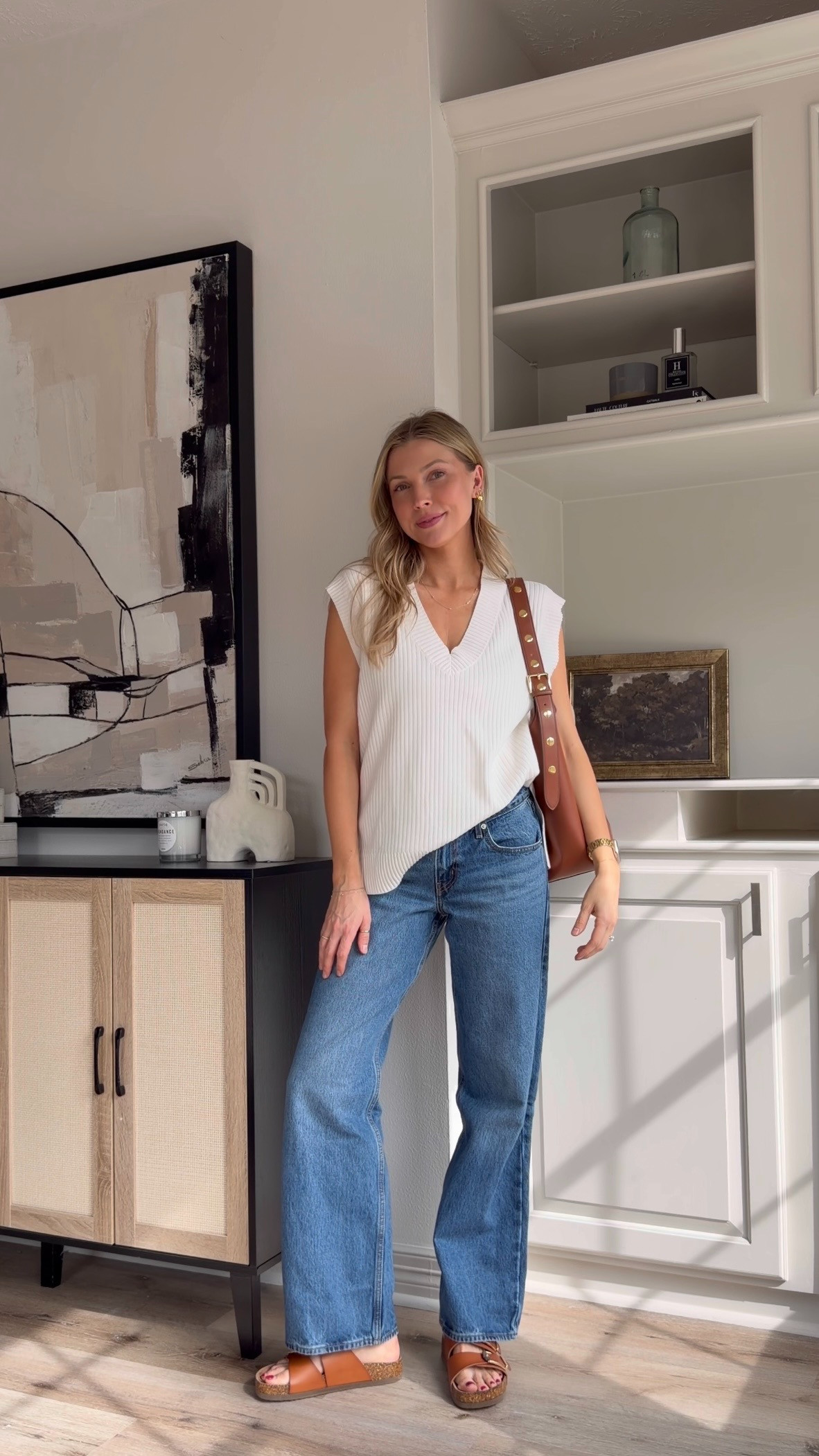 Comfy yet put together mom outfit | S vneck sweater + 27 in denim
 

 