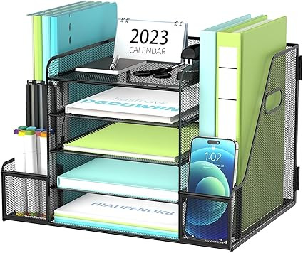 SUPEASY Mesh Desk Organizer with File Holder, 5-Tier Paper Letter Tray Organizer with Magazine Ho... | Amazon (US)