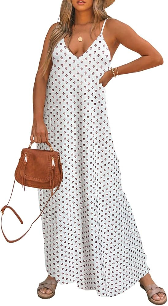 Poetsky Womens Casual Strappy V Neck Sleeveless Flowy Pockets Loose Long Maxi Beach Dress Sundres... | Amazon (US)
