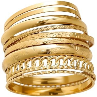 ÌF ME Gold Bangle Bracelets for Women, Indian Bangles Stackable Set, Multi Layer Textured 14K Go... | Amazon (US)