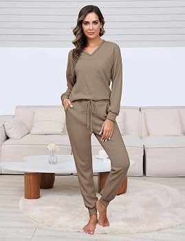 Womens Pajama Sets Waffle Knit 2 Piece Lounge Sets Sleepwear Loungewear Pjs Sets Long Sleeve V Ne... | Amazon (US)
