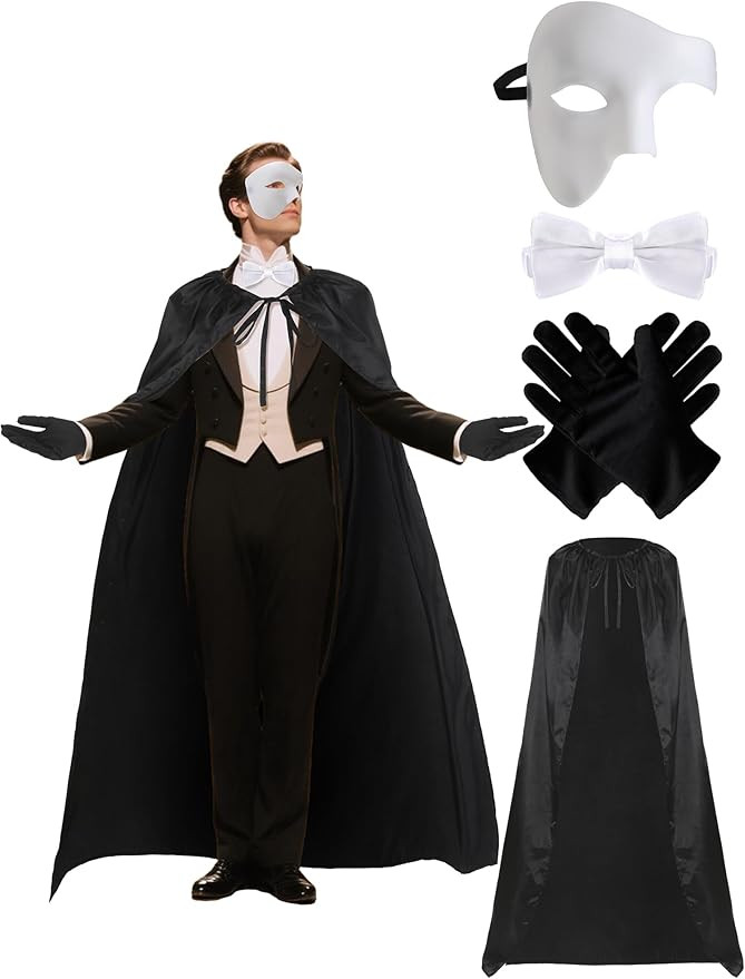 Mepase 4 Pcs Halloween Opera Masquerade Costume Accessories White Phantom Mask Black Cape Gloves ... | Amazon (US)