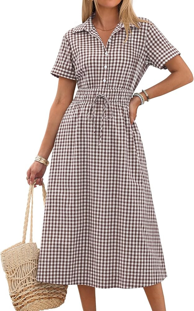 ANRABESS Womens Summer Midi Dress Short Sleeve Striped Plaid Button Collar Shirt Dresses 2026 Cas... | Amazon (US)