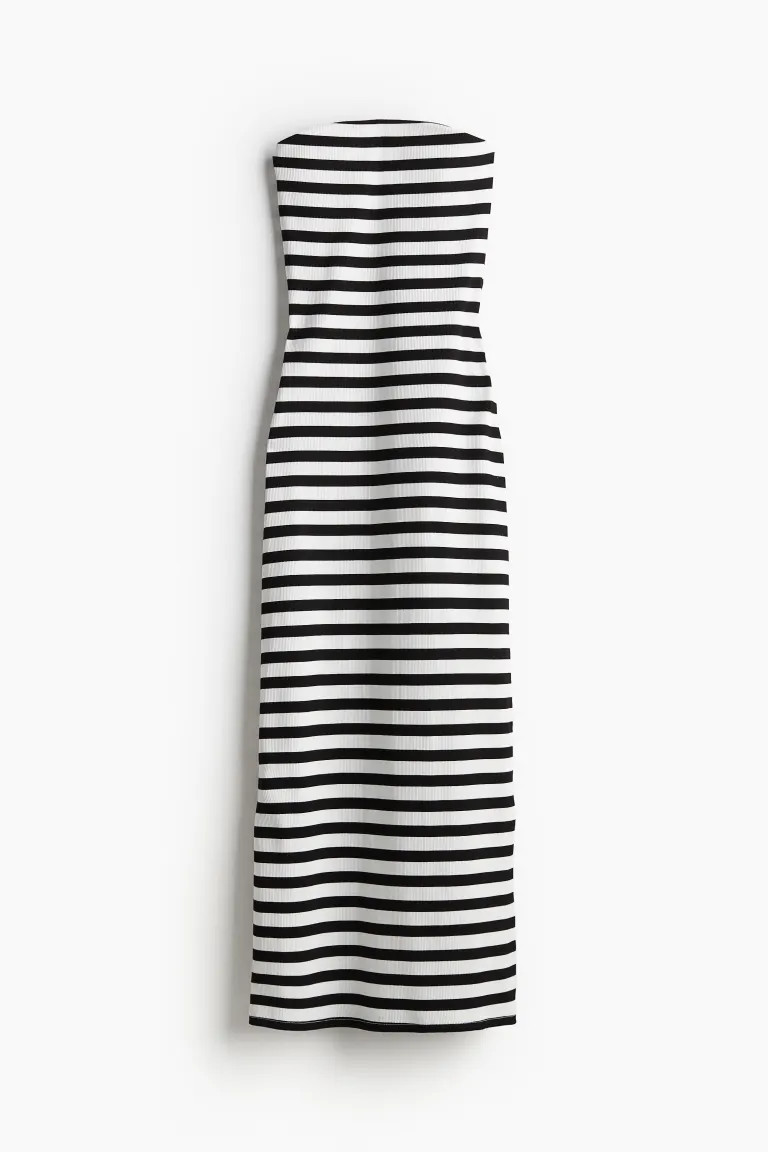 Ribbed Bandeau Dress - Sleeveless - Midi - White/striped - Ladies | H&M US | H&M (US + CA)