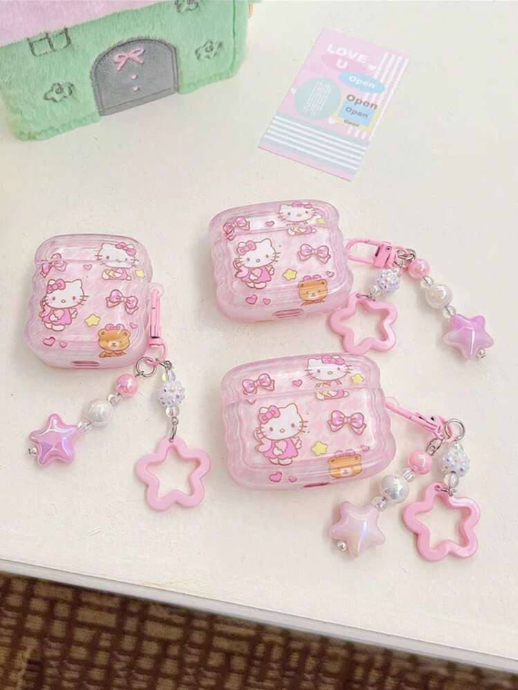 Sanrio 1pc Cute Cartoon Pink Plaid KT Cat Silicone Bluetooth Earphone Protective Case With Pendan... | SHEIN
