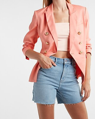 Linen-Blend Double Breasted Novelty Button Blazer | Express