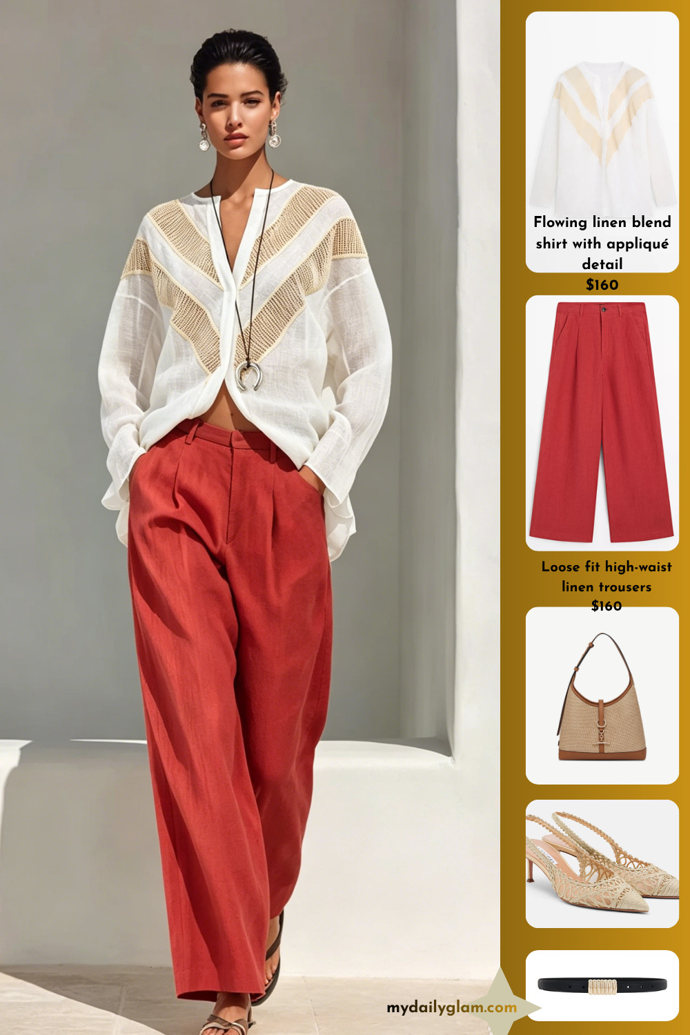 White Crochet Panel Linen Shirt & Terracotta Wide Leg Linen Pants Mediterranean Vacation Outfit

#VacationStyle #LinenOutfit #TerracottaTrousers 

 #LTKootd #LTKOver40 #LTKTravel
