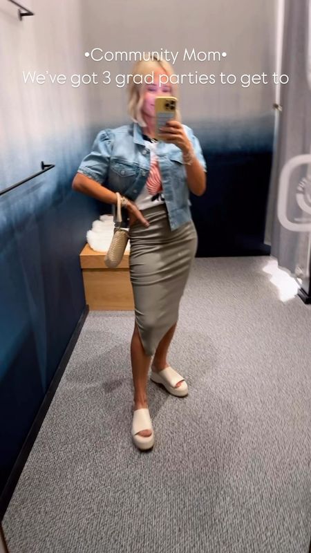 Short sleeve denim jacket TTS. Obsessed with this
Skirt- runs generously- has a lot of stretch and side rouching and slit. So cute!
Tee TTS
Sandals TTS

#LTKOver40 #LTKShoeCrush #LTKStyleTip