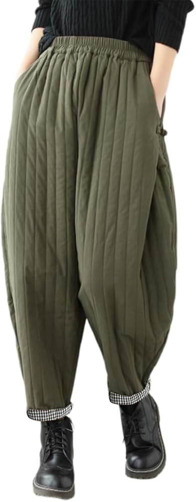 Women Winter Warm Down Cotton Pants Thicker Padded Quilted Pants Relaxed Fit Wide Leg Trousers wi... | Amazon (US)