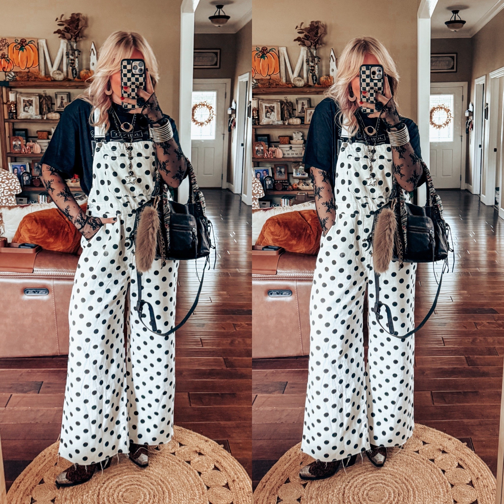 Love these polka dot overalls! They are seriously the cutest and I sized up! I think the mediums would have fit great too. If you don’t want oversized stay true to size. 
Overalls - L
Graphic tee - L
Black mesh top - L (have some mediums too but the large is more comfy) 
Boots - true to size 
⭐️Necklace is @threebirdnest save with code MANDIE20MAULDIN 
 

#LTKOver40 #LTKFindsUnder100 #LTKStyleTip