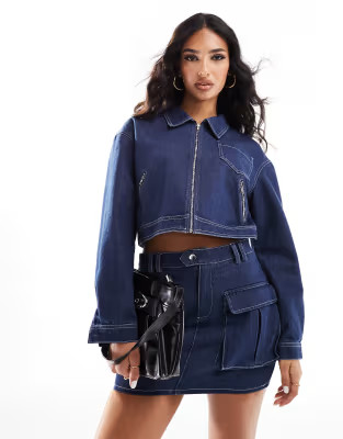 Missyempire cropped zip through denim jacket co-ord in indigo | ASOS (Global)