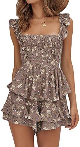 Farktop Womens Sexy Summer Romper Floral Square Neck Ruffle Strap Layer Hem Shorts Jumpsuits | Amazon (US)