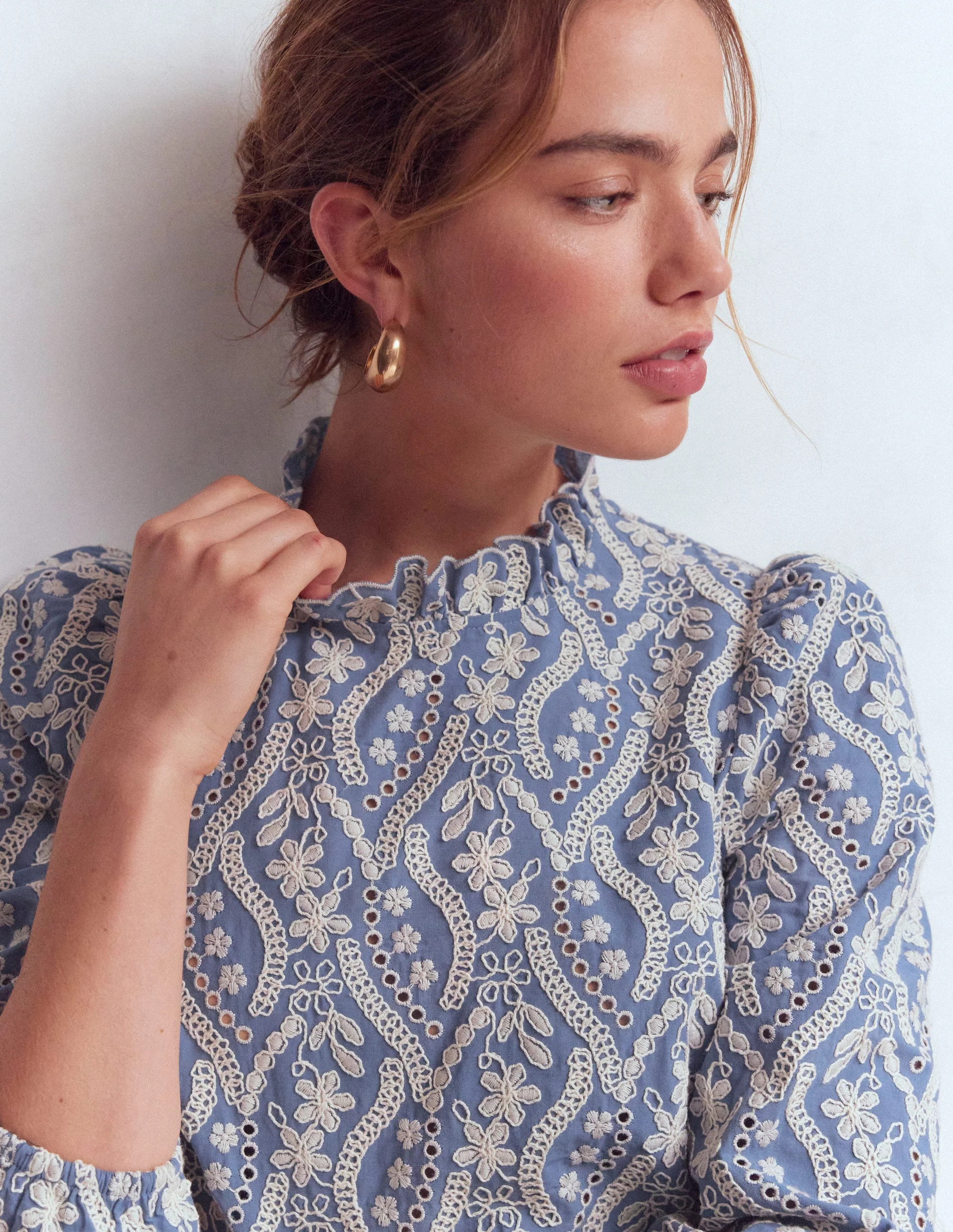 Puff Sleeve Interest Top-Blue and Ivory Broderie | Boden (US)