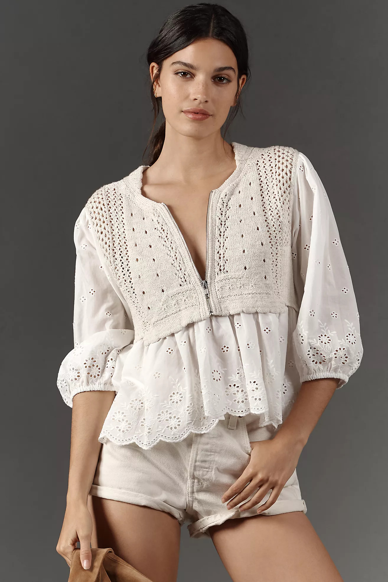 By Anthropologie Half-Zip Sweater Vest Eyelet Blouse | Anthropologie (US)