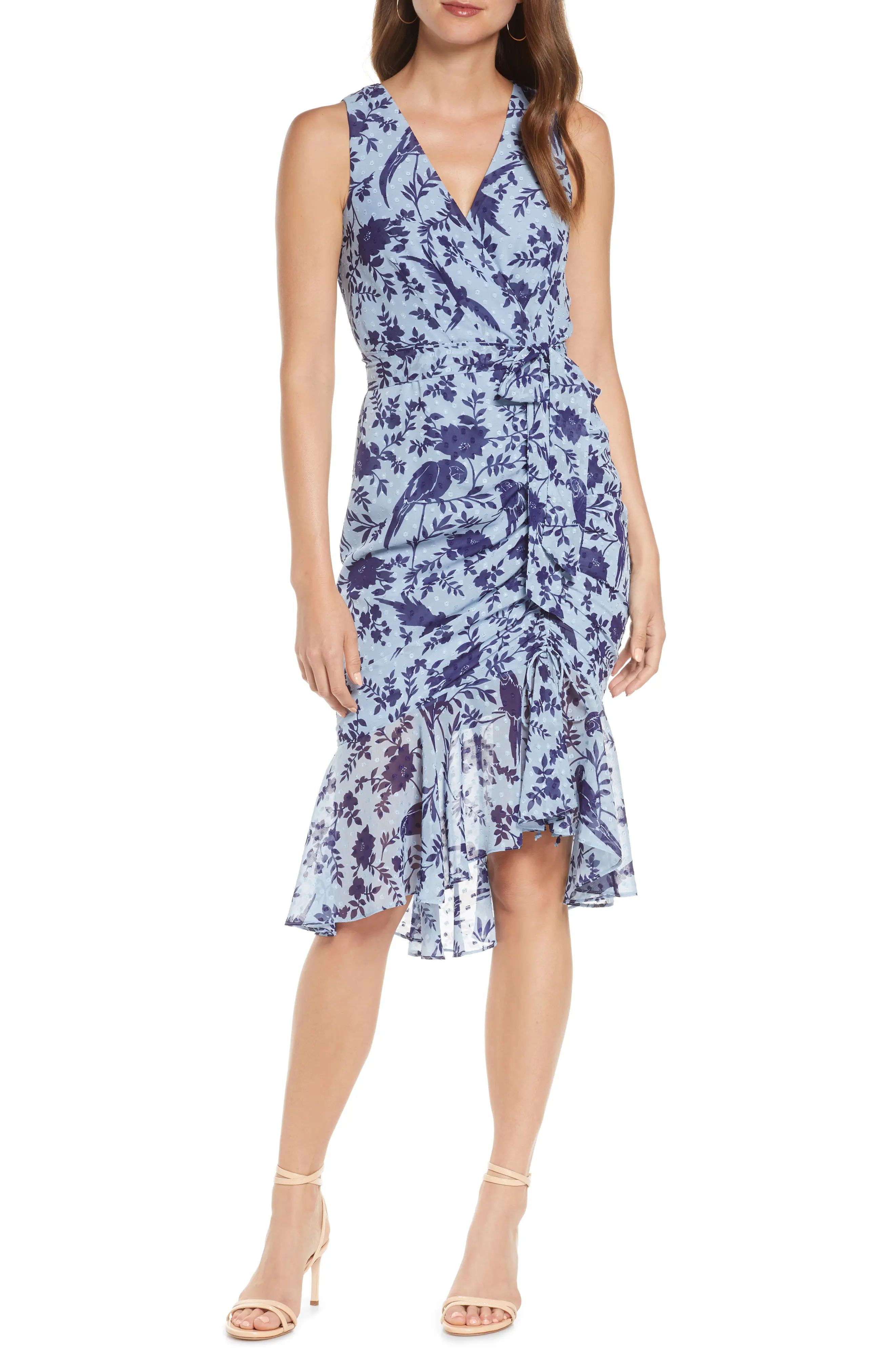 Eliza J Floral Ruched Chiffon Faux Wrap Dress in Blue at Nordstrom, Size 10 | Nordstrom