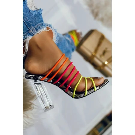 CAPE ROBBIN Fia Strappy Open Toe Chunky Clear Heel Mule Pump Sexy Sandals (6.5, Multi Neon) | Walmart (US)