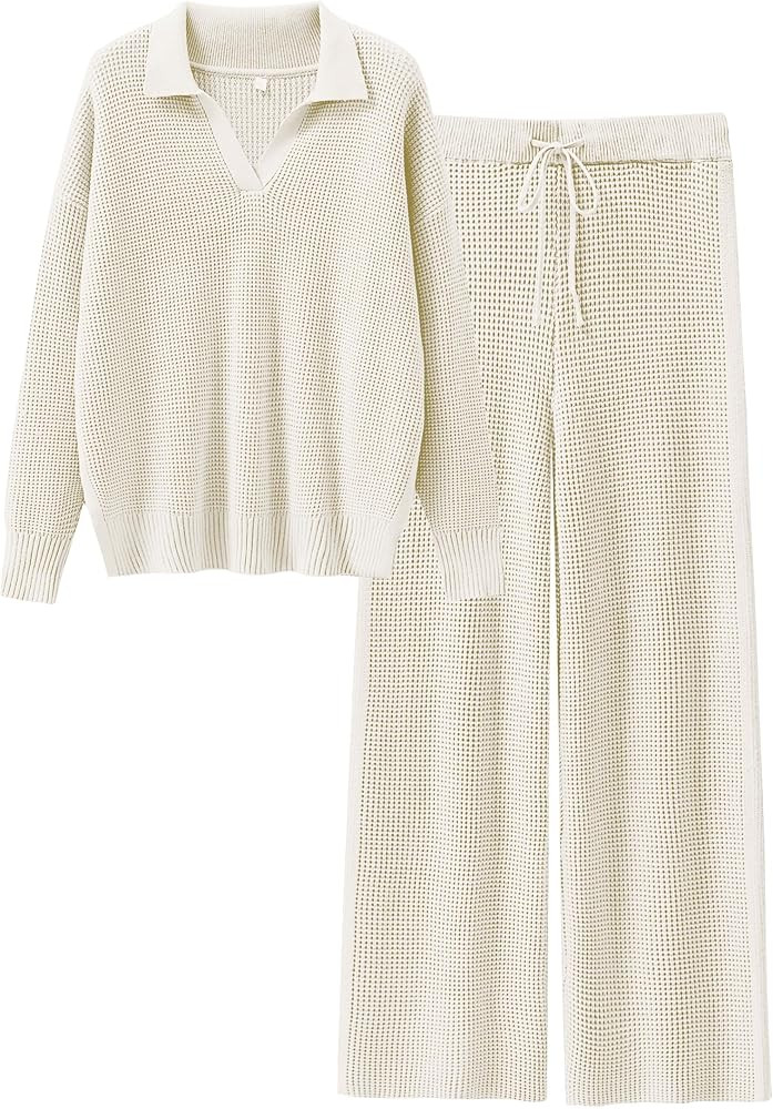 ANRABESS Womens Two Piece Outfits Sweater Sets Waffle Knit Pullover Wide Leg Pants Tracksuit Swea... | Amazon (US)