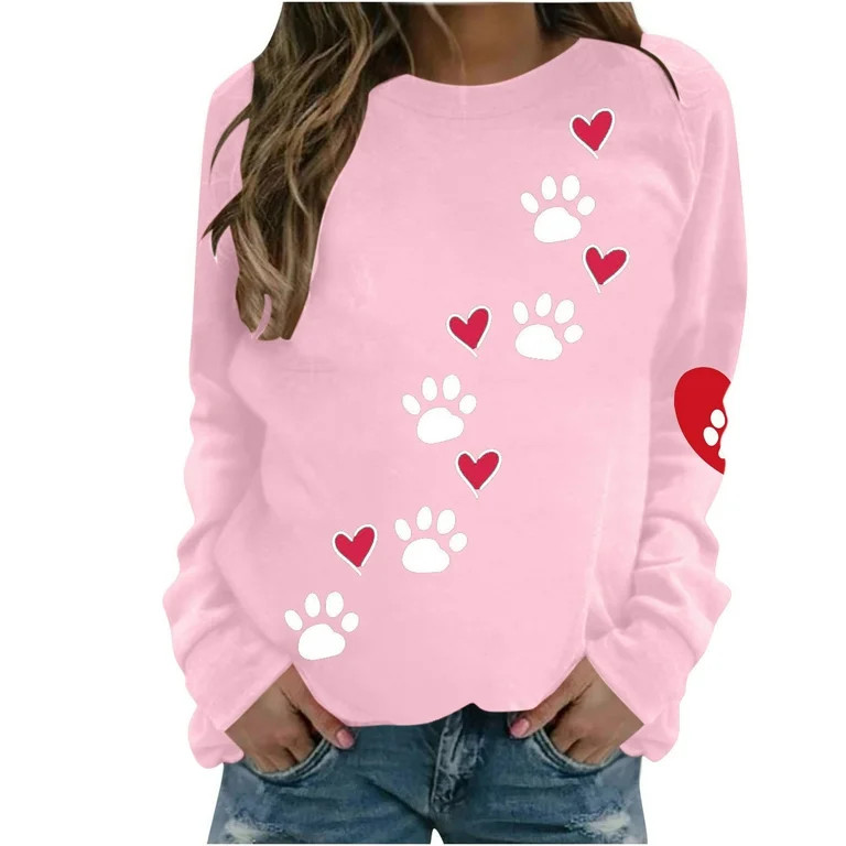 LIBRCLO Womens Dog Mom Sweatshirts Long Sleeve Dog Paw Print Cute Heart Graphic Crewneck Pullover... | Walmart (US)