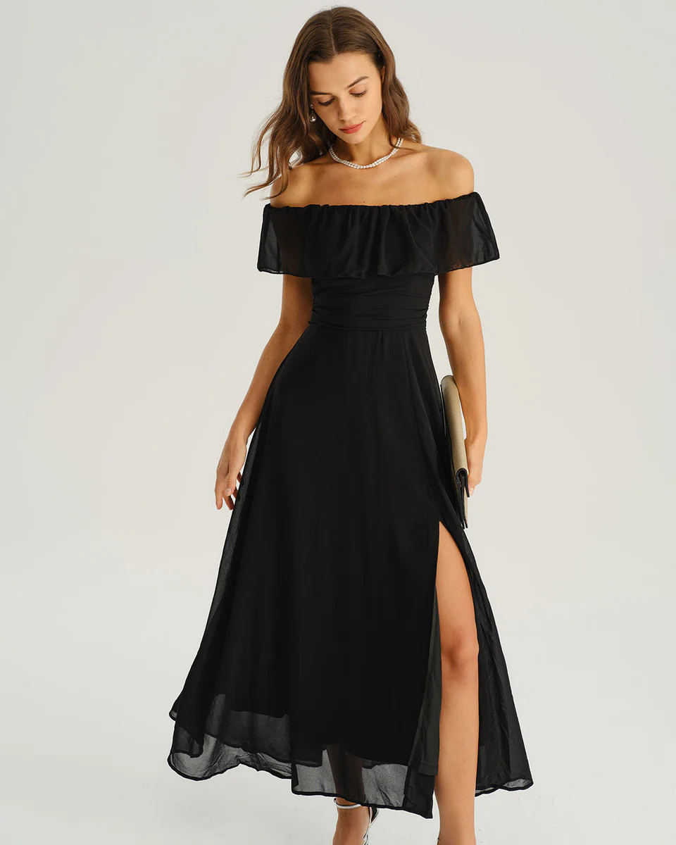 Black Off The Shoulder A-Line Maxi Dress | rihoas.com