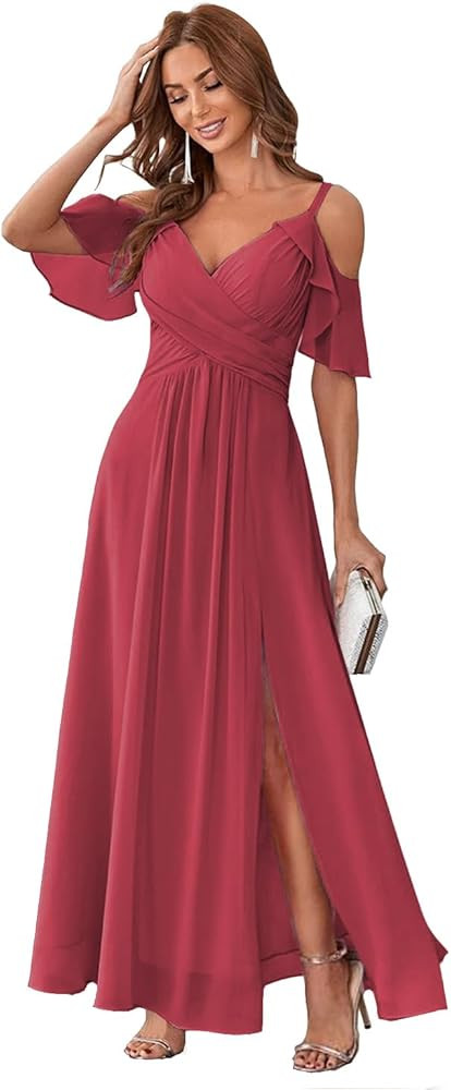 Stylefun Women's Cold Shoulder Chiffon Bridesmaids Dresses 2026 with Slit Long Formal Party Dress... | Amazon (US)