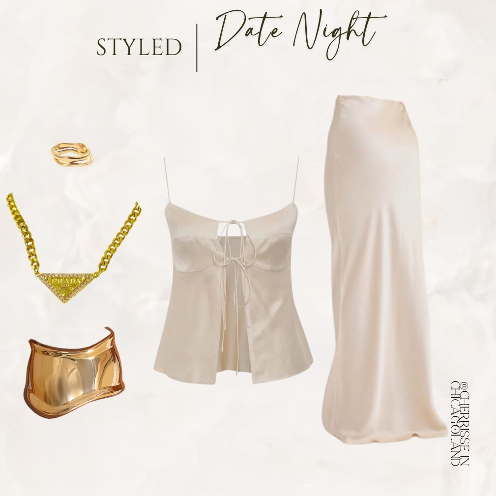 Golden hour ready ✨ This satin skirt and tie top combo is giving effortless romance, perfectly paired with gold jewelry and my fave Prada necklace. #DateNightLook #GoldenGlow

#LTKStyleTip