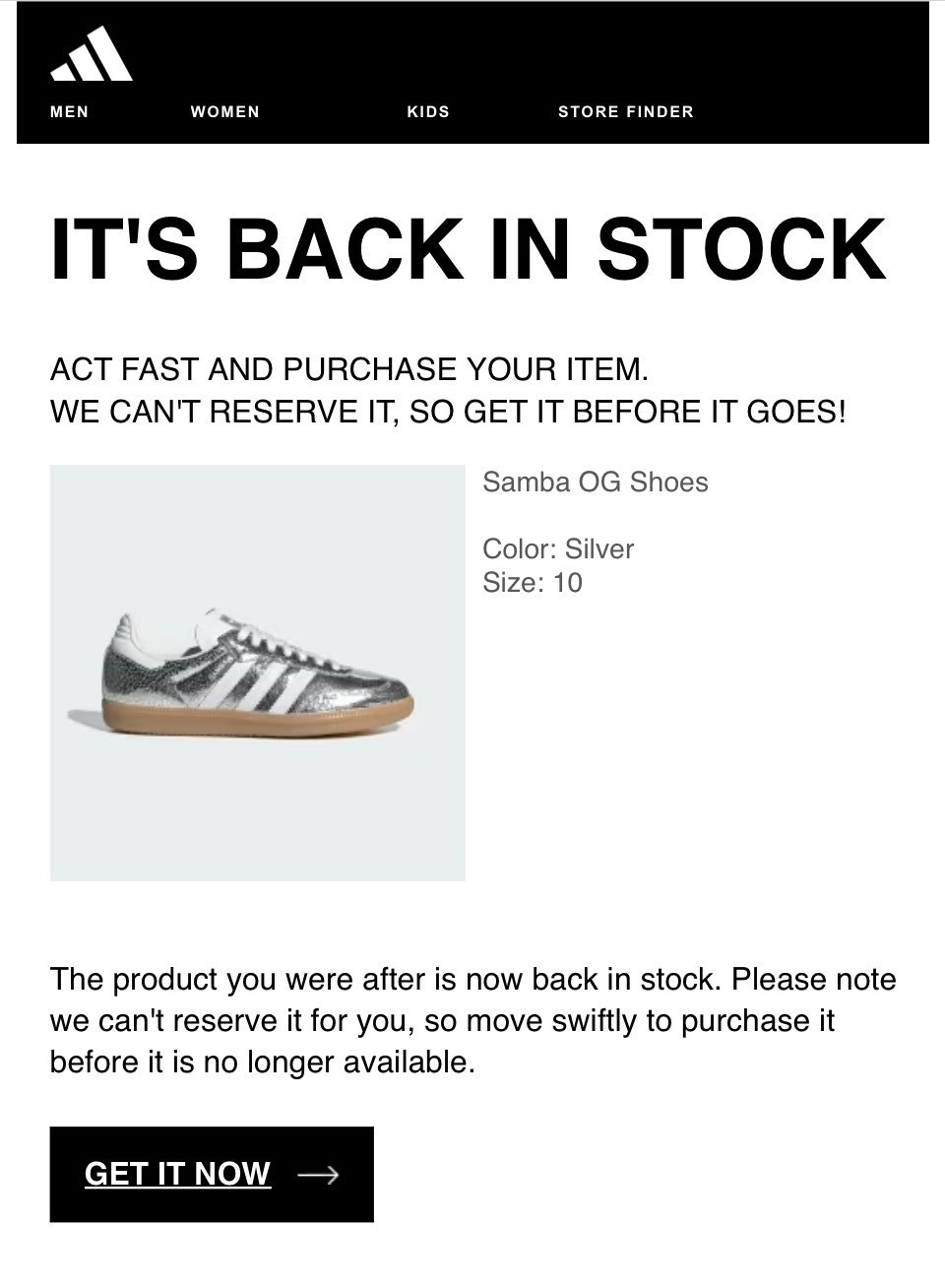 ✨ Adidas Samba Silver – Back in Stock ✨
I’ve been searching for these for MONTHS 👟 They’ve been sold out everywhere. Last night I woke up, checked my email, and saw a back-in-stock alert — I’ve never purchased something so fast in my life.

They’re still available in multiple sizes right now, so if you’ve been wanting them, RUN. 🏃‍♀️💨
I’ll update pics once mine arrive, but I had to share ASAP because these won’t sit for long.