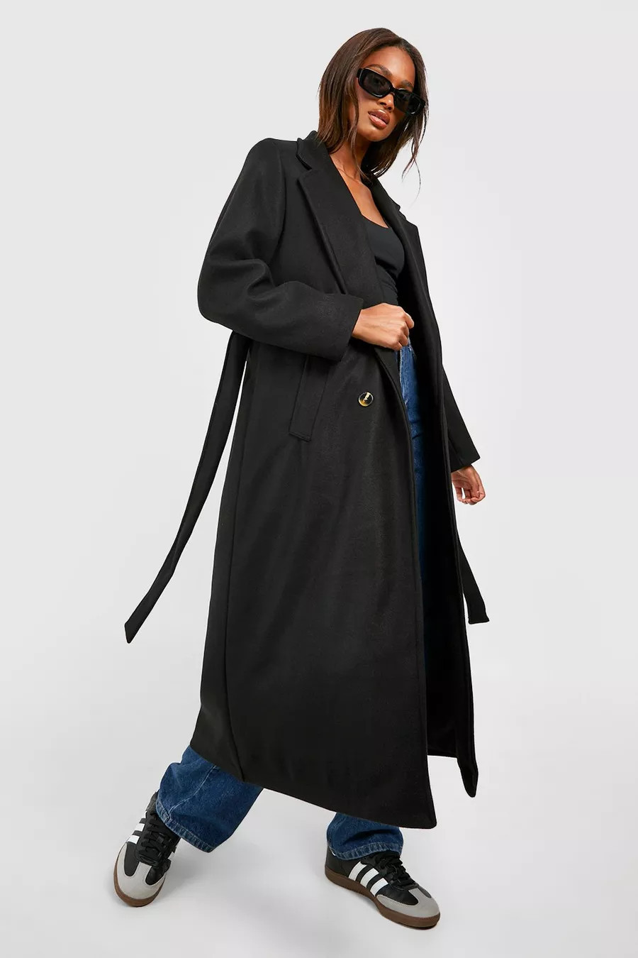 Longline Double Breasted Belted Wool Look Coat | Boohoo.com (US & CA)