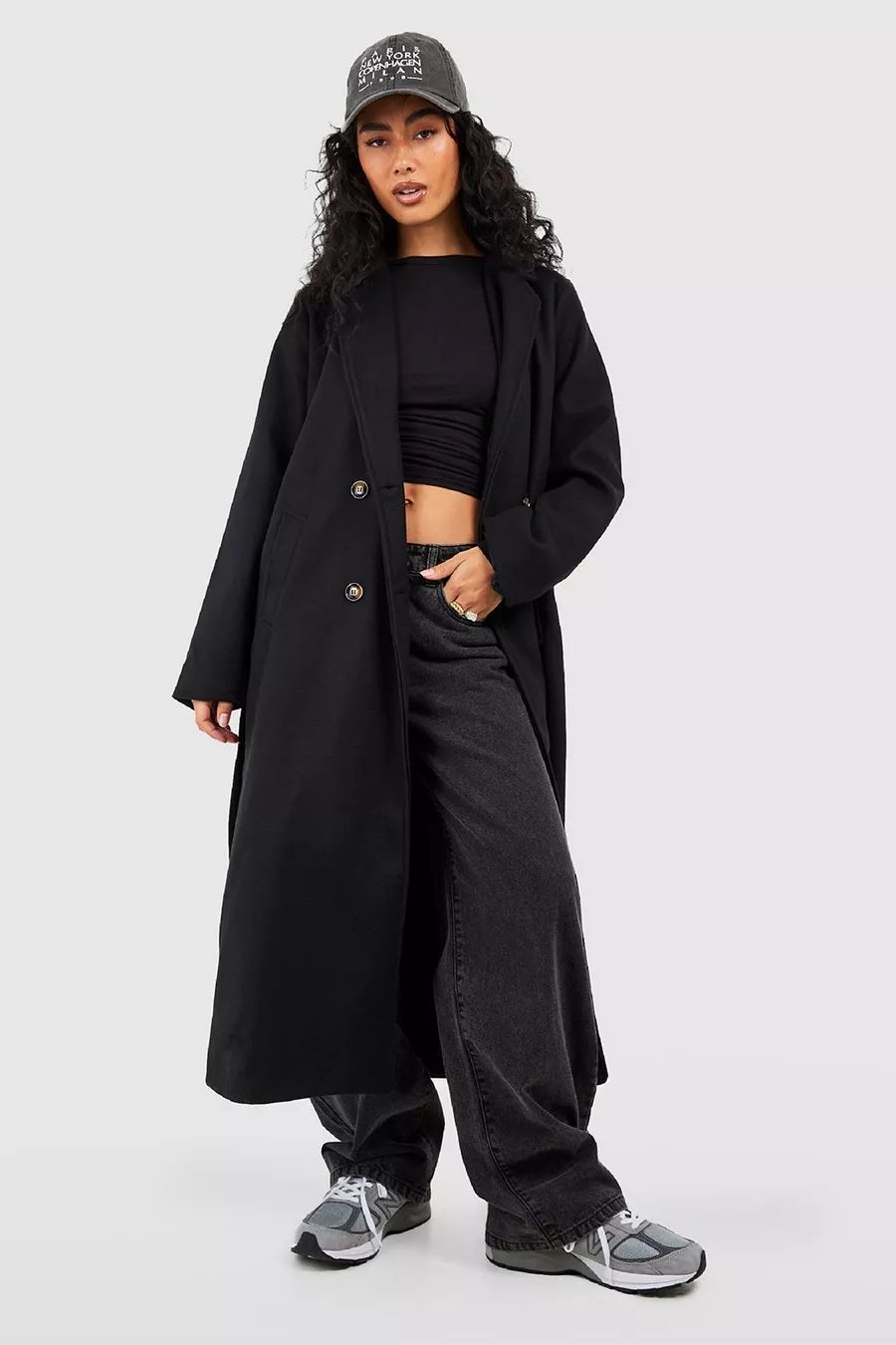 Longline Double Breasted Belted Wool Look Coat | Boohoo.com (US & CA)