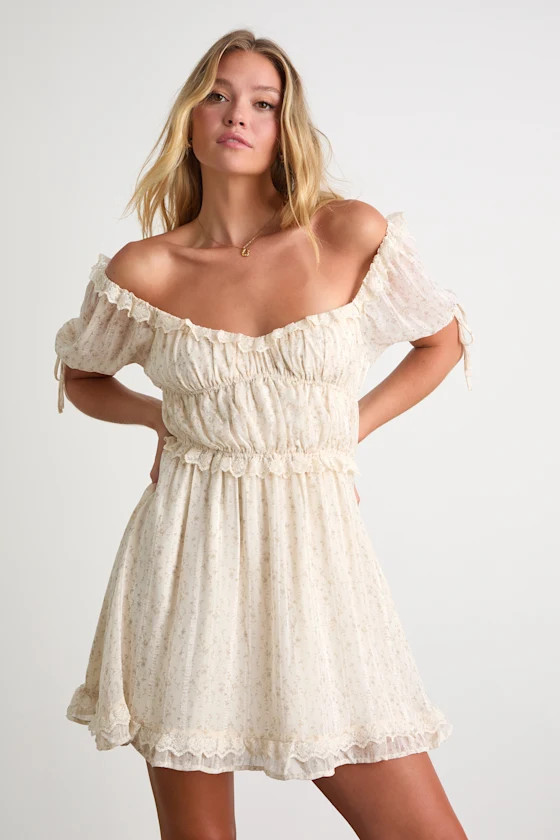 Adoring Moment Ivory Floral Lace Ruffled Puff Sleeve Mini Dress | Lulus