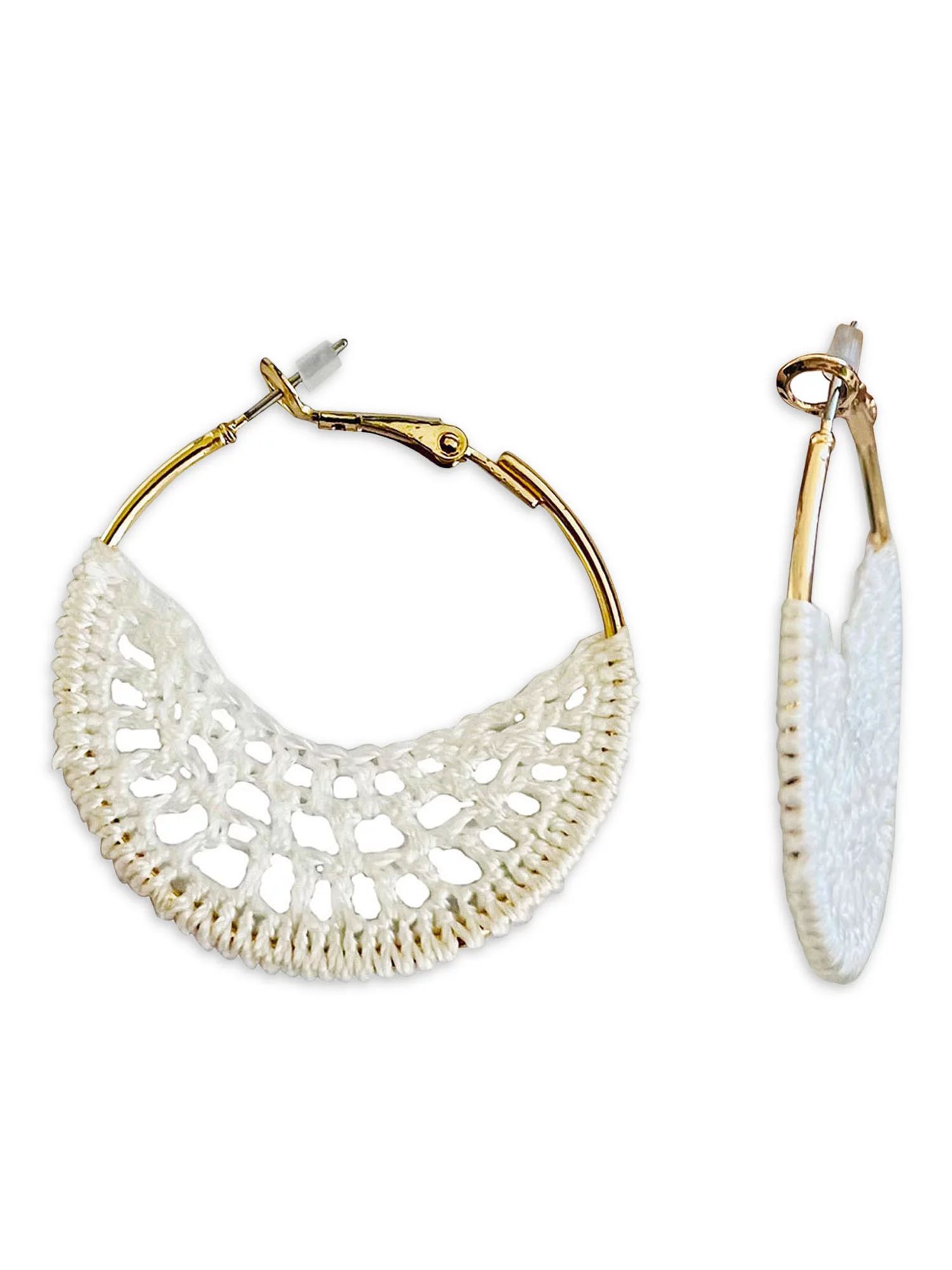 Time & Tru White and Gold Crochet Hoop Earrings | Walmart (US)