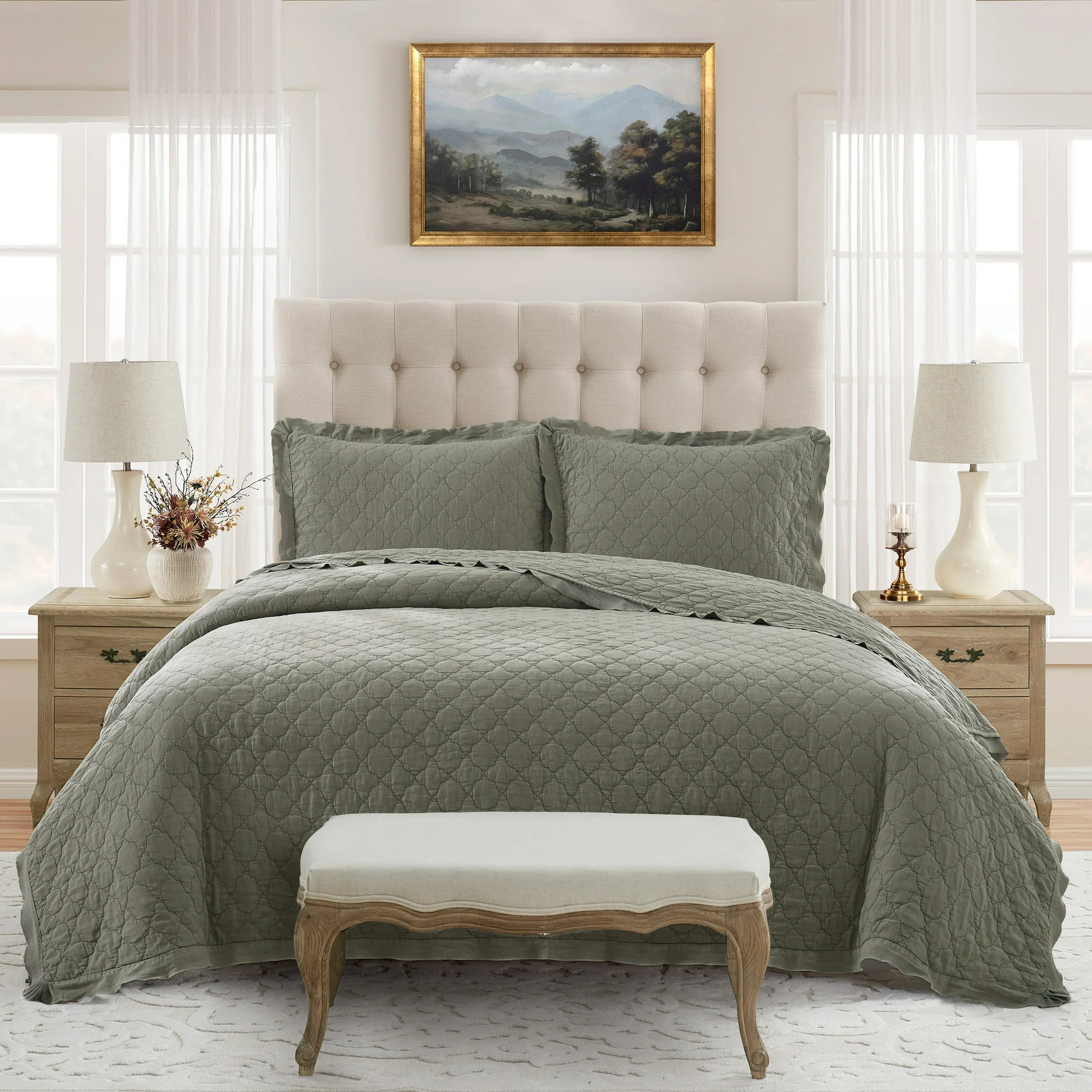 My Texas House Penelope 3-Piece Sage Trellis Microfiber Adult Quilt Set, King | Walmart (US)
