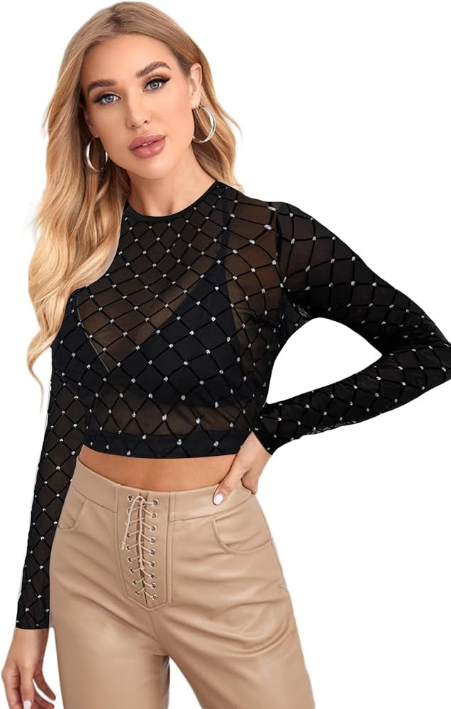 Verdusa Women's Basic Long Sleeve Crop Top See Through Sheer Mesh Tee Shirt | Amazon (US)
