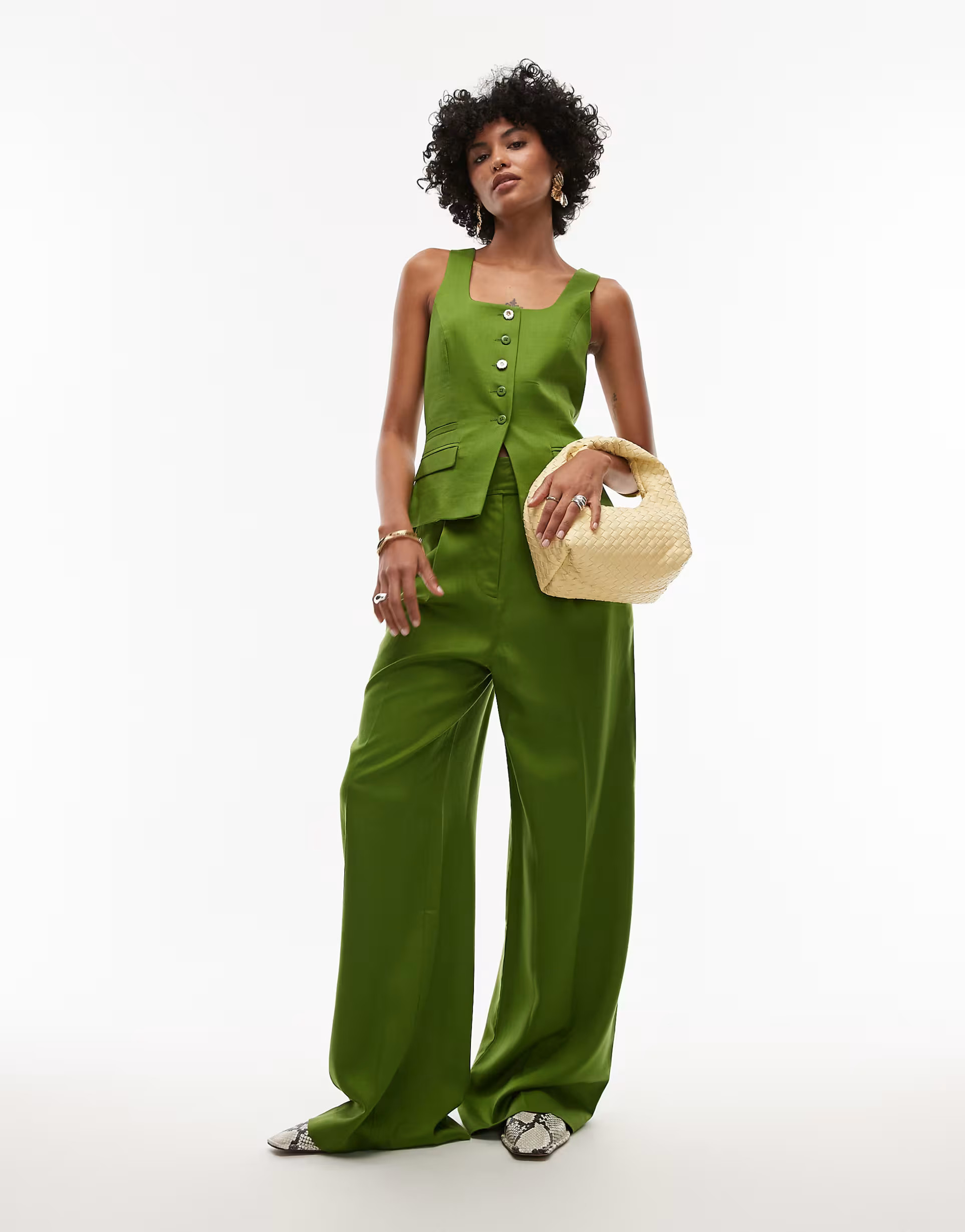 Topshop premium wedding guest occasion tailored pleated wide leg pants in green - part of a set | ASOS (Global)