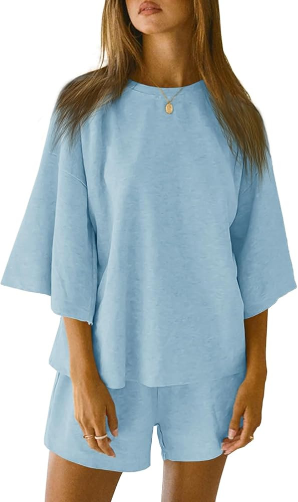 Tankaneo Womens Pajama Sets 3/4 Sleeve Oversized Tops and Elastic Waist Shorts Lounge Sets Lounge... | Amazon (US)