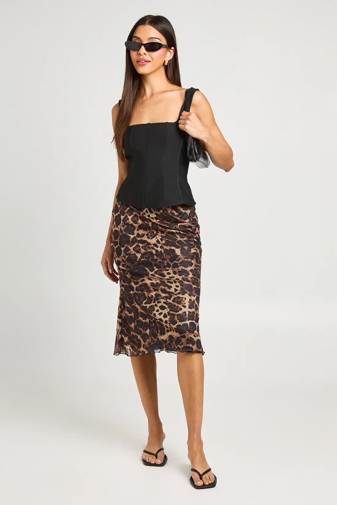 Brown Leopard Print Mesh Midi Skirt | Boohoo USA | boohoo (US & Canada)
