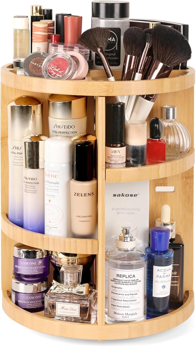 VVW Rotating Bamboo Makeup Organizer, 360 Degree Spinning Adjustable Bamboo Vanity Makeup Holder ... | Amazon (US)