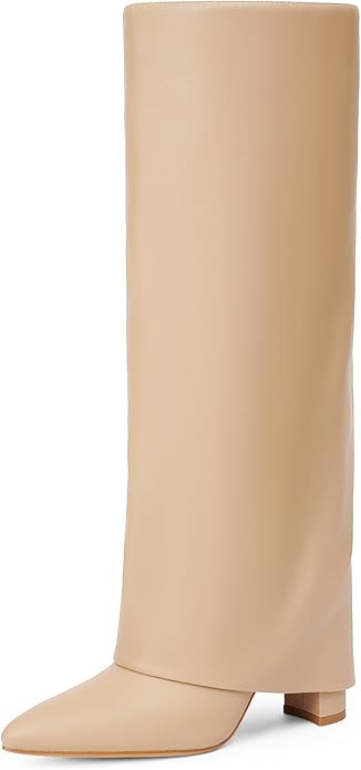 Modatope Knee High Boots Women Fold Over Knee High Boots Chunky High Heels Long Boots Zipper Poin... | Amazon (US)