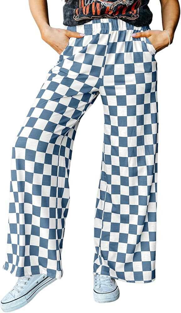 Acelitt Womens Casual Checkered Pants Elastic Waist Comfy Loose Wide Leg Pants with Pockets | Amazon (US)