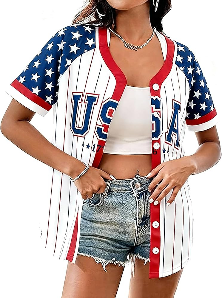 Women's American Flag Button Down Jersey Shirt Patriotic USA Short Sleeve Shirts 4th of July Base... | Amazon (US)